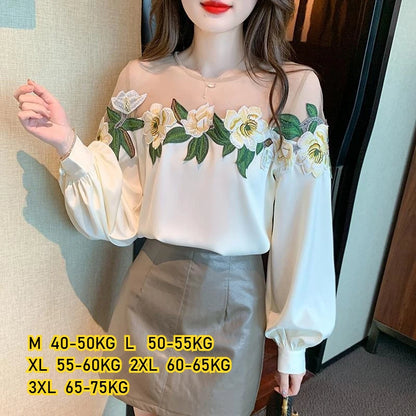 Fashion Women's Blouse Shirt Patchwork Long Sleeve Mesh Perspective Embroidered Flowers Chiffon Shirt Sexy Apricot Floral Shirt