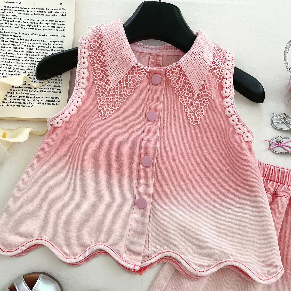 Baby Girls' Denim Suit Summer New Lace Vest Top Shorts Pants Casual and Fashion Kids Outwear Two-piece Set