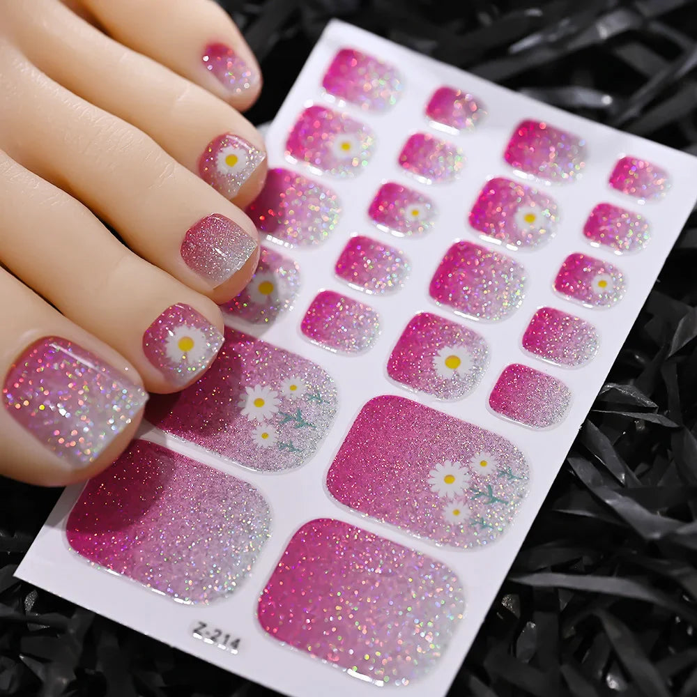 22tips/Sheet Baking Free Daisy Flower Toenail Sticker Full Cover Toe Nail Wraps Glitter Toenail Polish Strips DIY Foot Decals