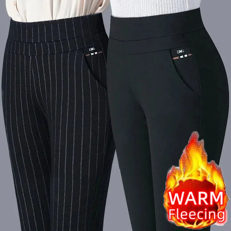 Autumn Winter Casual Elegant Office Slimming Solid Color Fleecing Thick Thin Women's Pants Elastic Waist Tight Pencil Pants (Available)