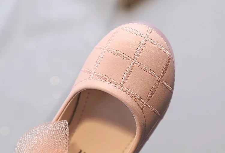 Korean Style Kids Solid Color Embroidered Leather Shoes Girls Big Bow Mesh Flower Princess Flat Dance Shoes