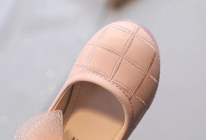 Korean Style Kids Solid Color Embroidered Leather Shoes Girls Big Bow Mesh Flower Princess Flat Dance Shoes