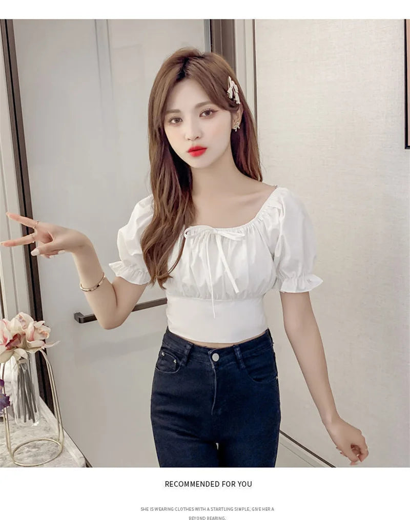 Summer New Fashion Temperament Women Bubble Sleeve Square Collar Shirt Design Sense Of Small Sweet Halter Short Sleeve Top