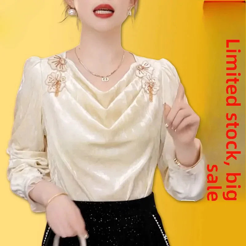 Faionable Floral Patchwork Long Sve irt Women's Winter Luxury Sle Ele Top French Sle Loose Fit Polyester Fiber