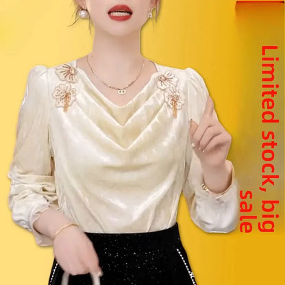 Faionable Floral Patchwork Long Sve irt Women's Winter Luxury Sle Ele Top French Sle Loose Fit Polyester Fiber