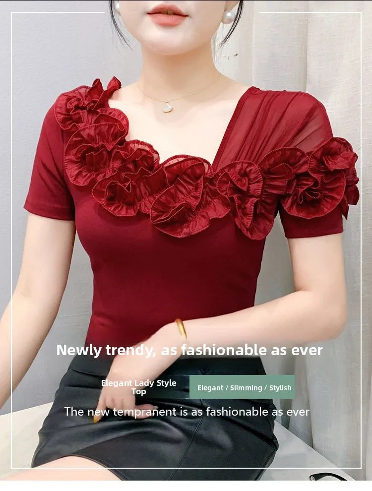Faionable Floral Lace Ear ort Sve Slimming Me oulder Bared T-Shirt Women's Casual Sle Polyester Fabric Tee irt
