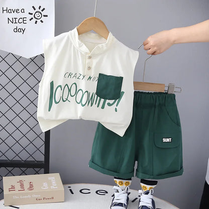 Kids Baby Boy 2 Piece Set Summer Fashion Letter Print Turtleneck Sleeveless T-shirts and Shorts Infant Boys Clothes Outfits