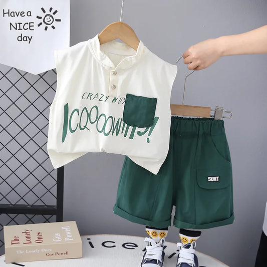 Kids Baby Boy 2 Piece Set Summer Fashion Letter Print Turtleneck Sleeveless T-shirts and Shorts Infant Boys Clothes Outfits