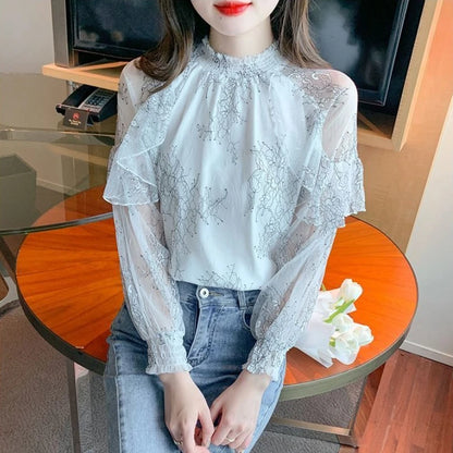 Chiffon Women's Shirt and Blouse Lace Flowers Luxury Designer Youthful Woman Clothes Vintage Clothing Female Tops Trend 2025 New