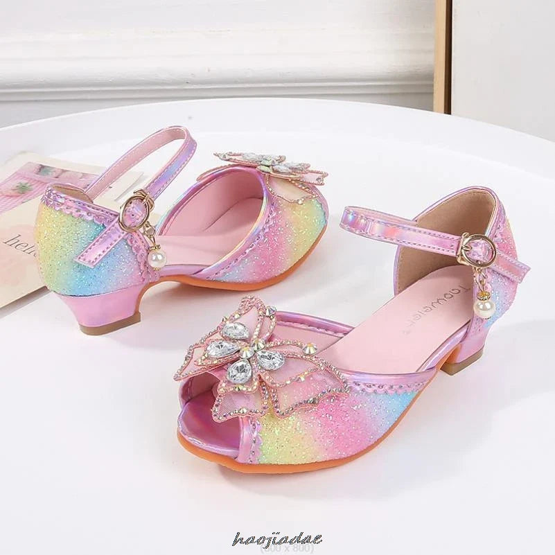 Summer High Heels Shoes for Girls Pageant Kids Sandals Child Mary Jane Shiny Princess Party Dress Up Shoes Purple Gold Pink Blue