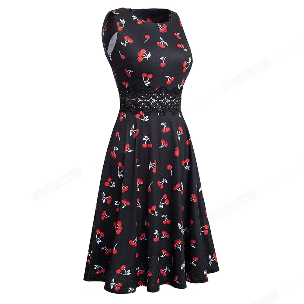 Women Vintage Casual Round Neck A line Summer Elegant Floral Lace Patchwork Sleeveless Tunic Party Swing Dress HA079