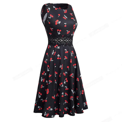 Women Vintage Casual Round Neck A line Summer Elegant Floral Lace Patchwork Sleeveless Tunic Party Swing Dress HA079