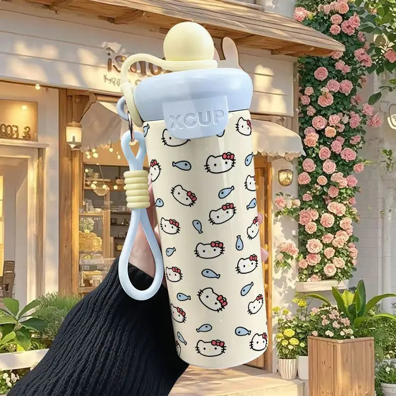 600ml Sanrio Hello Kitty Vacuum Thermos Cup SS316 Insulated Coffee Mug with Lifting Rope Portable Outdoor Drinking Water Kettle
