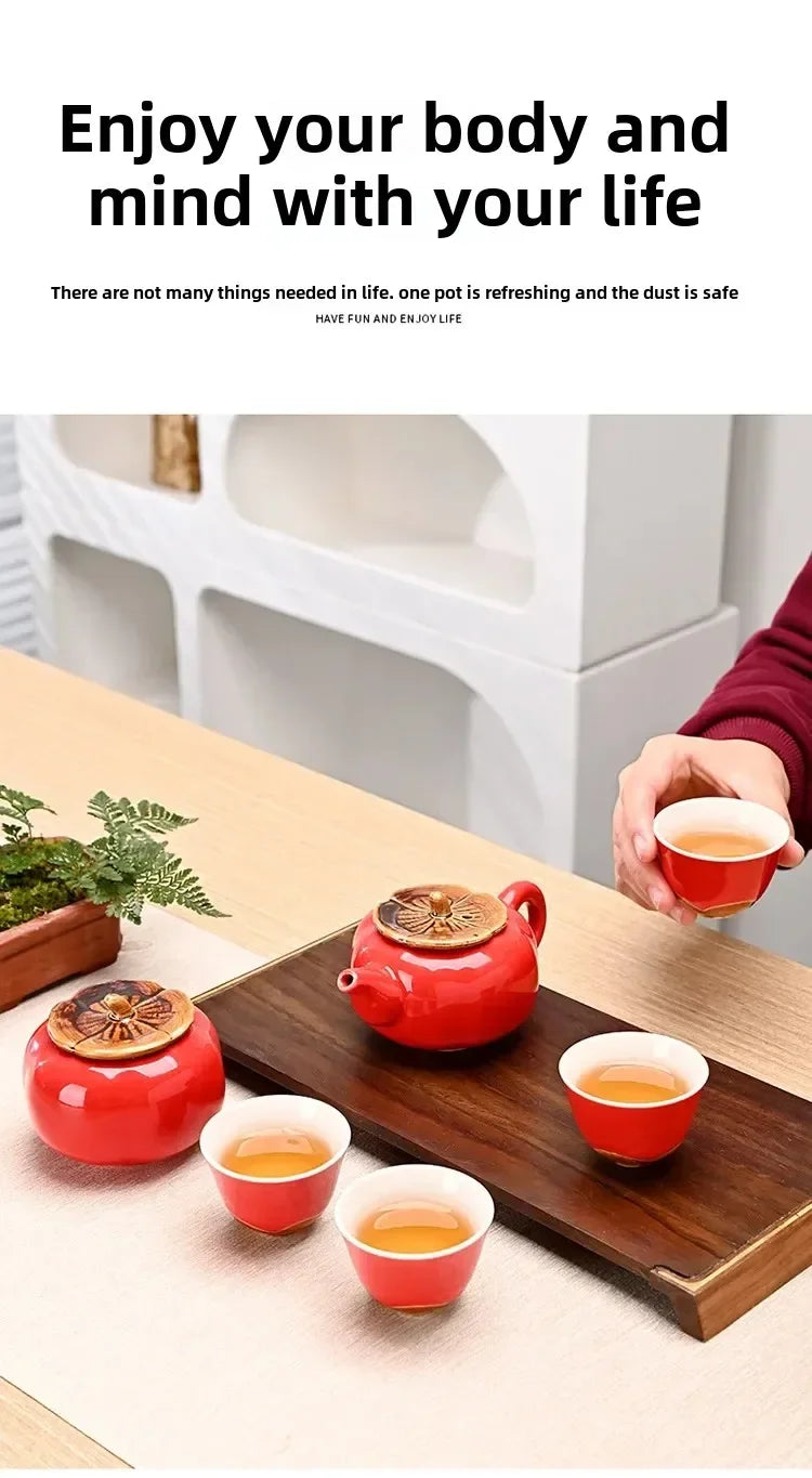 Auspicious Red Ceramic Tea Set Gift Box - Chinese New Year Wedding Corporate Gifts, Good Fortune Design Teapot & Cups