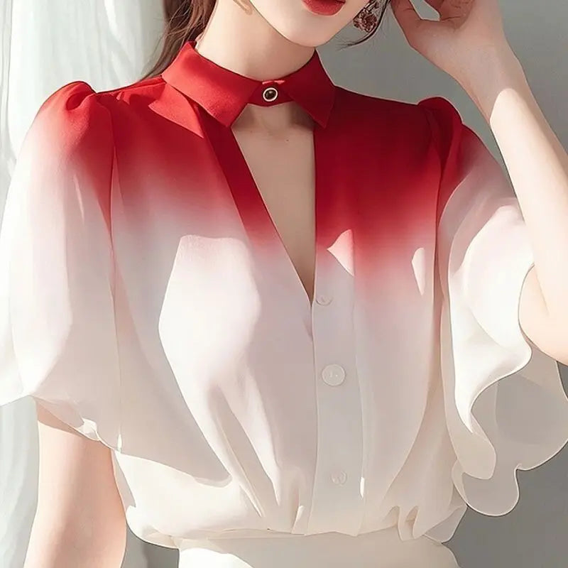Gradient Shirt for Women with Mature French Lotus Leaf Sleeve Fairy Chiffon Top