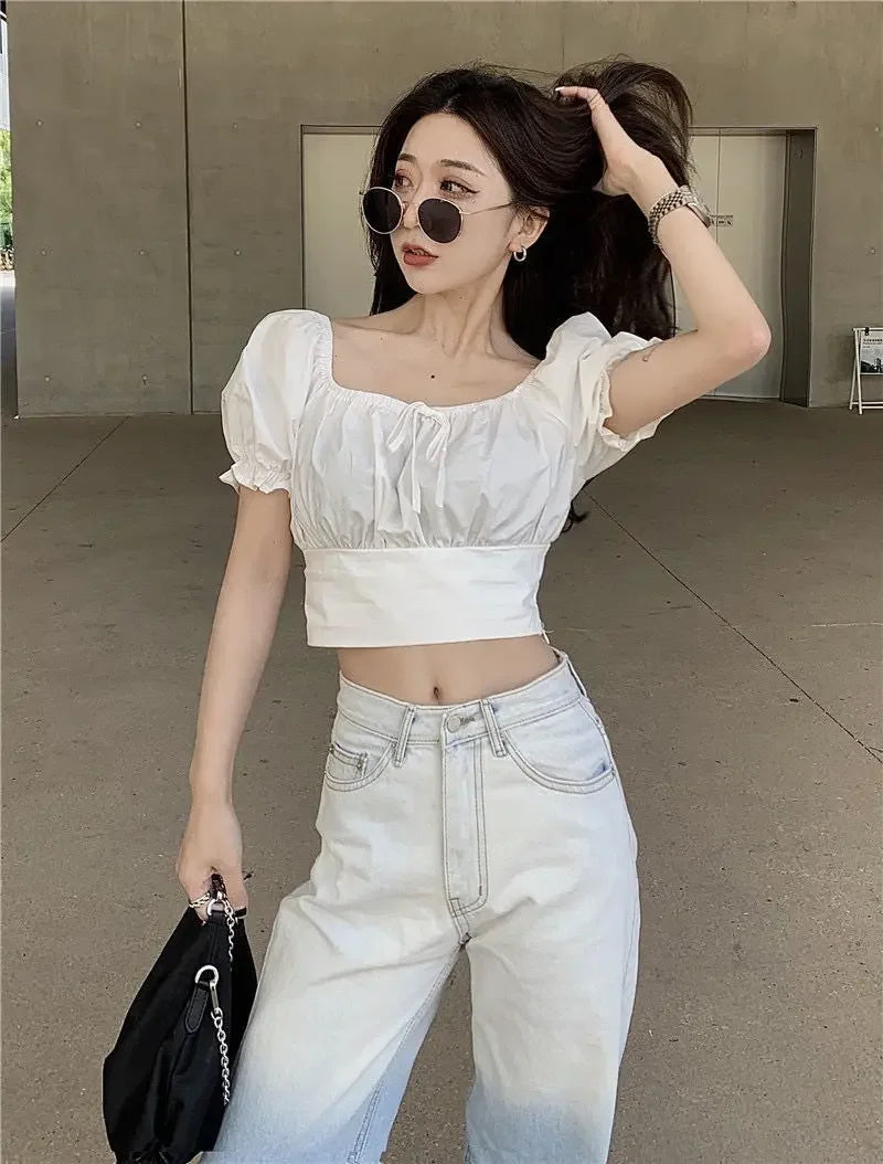 2025 Fashion New Pearl Chain Shirt Women Summer French Bow Backless White Blouse Sweet Puff Sleeve Crop Top Female