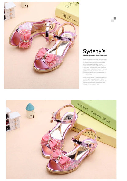 Summer Princess Children's Sandals Girls Sequins Low Heels Non-slip Shoes Fashion Bowknot Kids Beach Sandals Causal Versatile