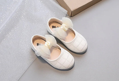 Korean Style Kids Solid Color Embroidered Leather Shoes Girls Big Bow Mesh Flower Princess Flat Dance Shoes