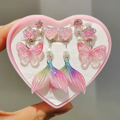 3pair Cute Children Ear Clip Earrings for Girl Without Ear Holes Sweet Mermaid Baby Ear Clip Set