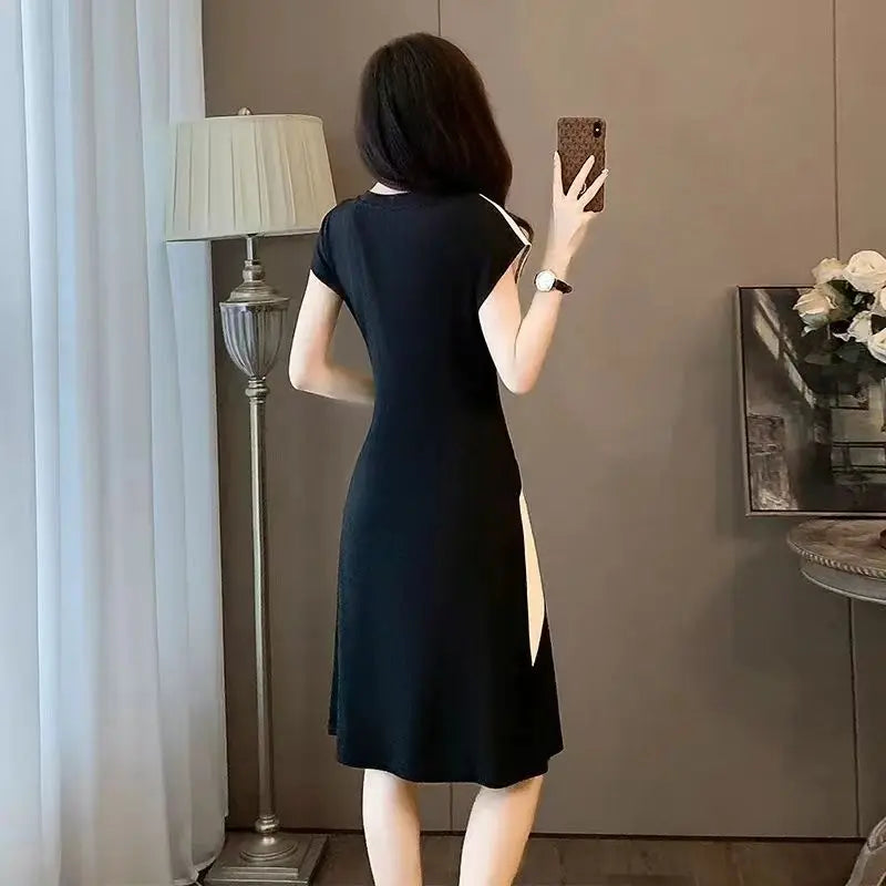 French Dress Summer New Temperament Waist Mid-length Dress Thin High-end Black and White Splicing Casual Skirt Fashion Comfort