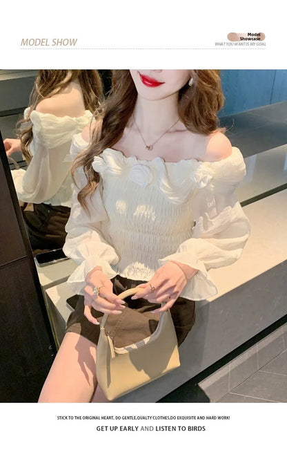 Sweet oulder One-oulder 3D Flower Bell Sve Women's irt Spring New Sle Waist Cinching Beautiful Top Ci Walk ort...