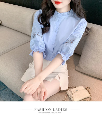 Ele Embroidered ort Sve irt Women's Summer New Design Korean Sle Commute Lantern Sve White irt for Ladies