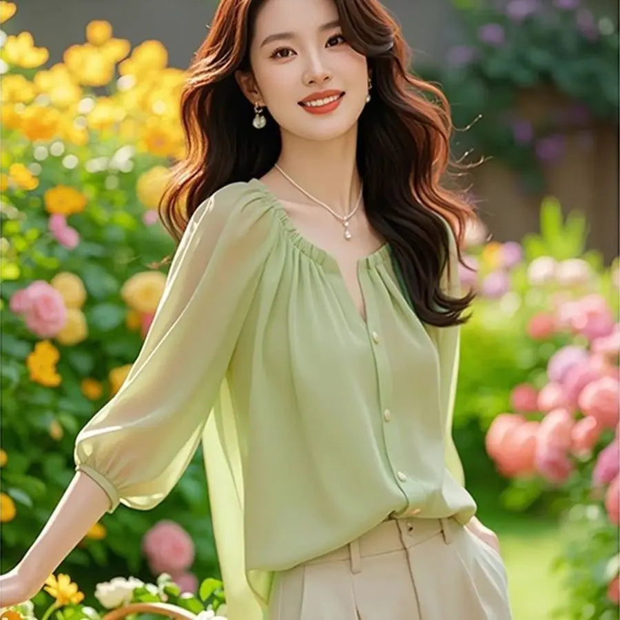 Chic Summer irt Women's Sle Korean Five-Quarter Sve Age-Defng Beautiful Faionable Good-Looking Chiffon Top