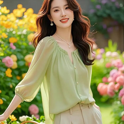Chic Summer irt Women's Sle Korean Five-Quarter Sve Age-Defng Beautiful Faionable Good-Looking Chiffon Top