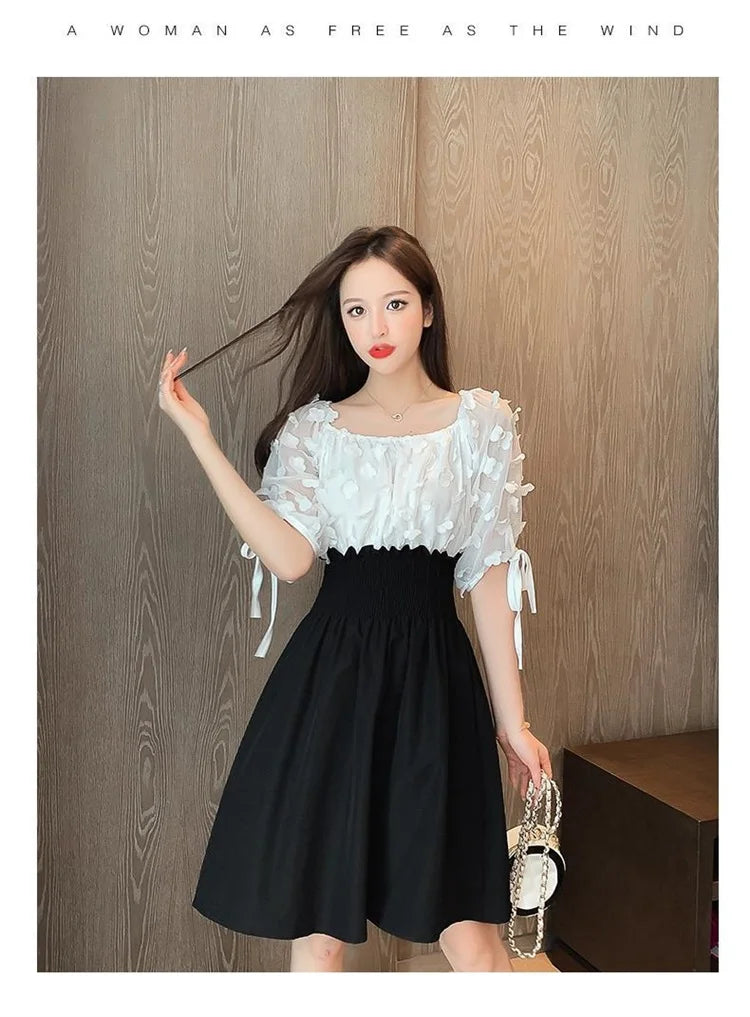Women Summer French Style Elastic Waist Dress Korean Edition New Splicing Design Slim Half Sleeve Fairy Knee-length Dresses