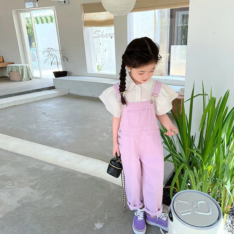 Baby Girl Denim Overalls Pant Pocket Fly Sleeve Shirt Toddler Teen Child Suspender Trousers Kid Dungaree Baby Clothes 3-14Y (Available)