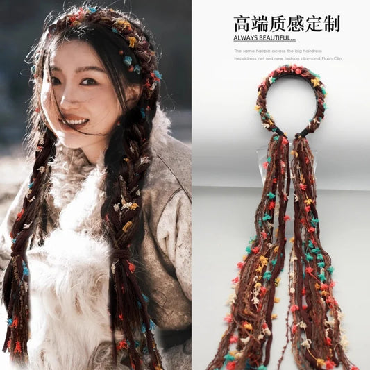 Chinese Tibetan Retro Faux Fur Meilard Colorful Long Tassel Ribbon Braid Hairband