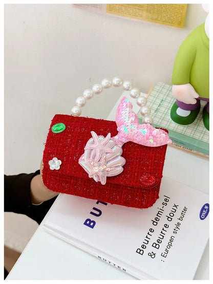 Sweet Bow Children's Small Square Shoulder Bag Sequin Lace Princess Girls Crossbody Bags Pearl Handle Coin Purse Handbags Gifts