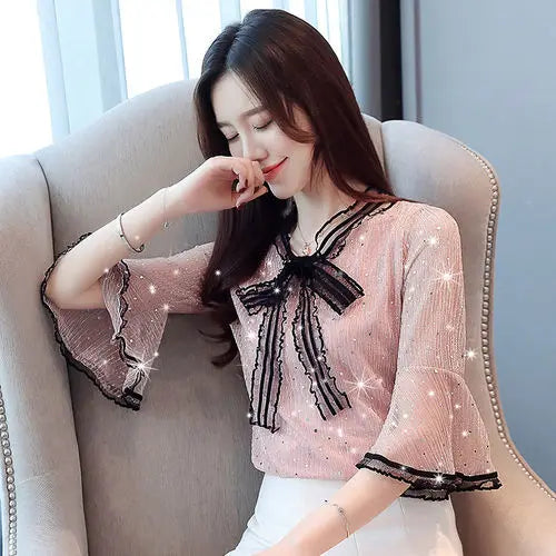 Chiffon Base Shirt with Mid Sleeves Versatile New Spring Sweet and Fashionable Korean Women's Top