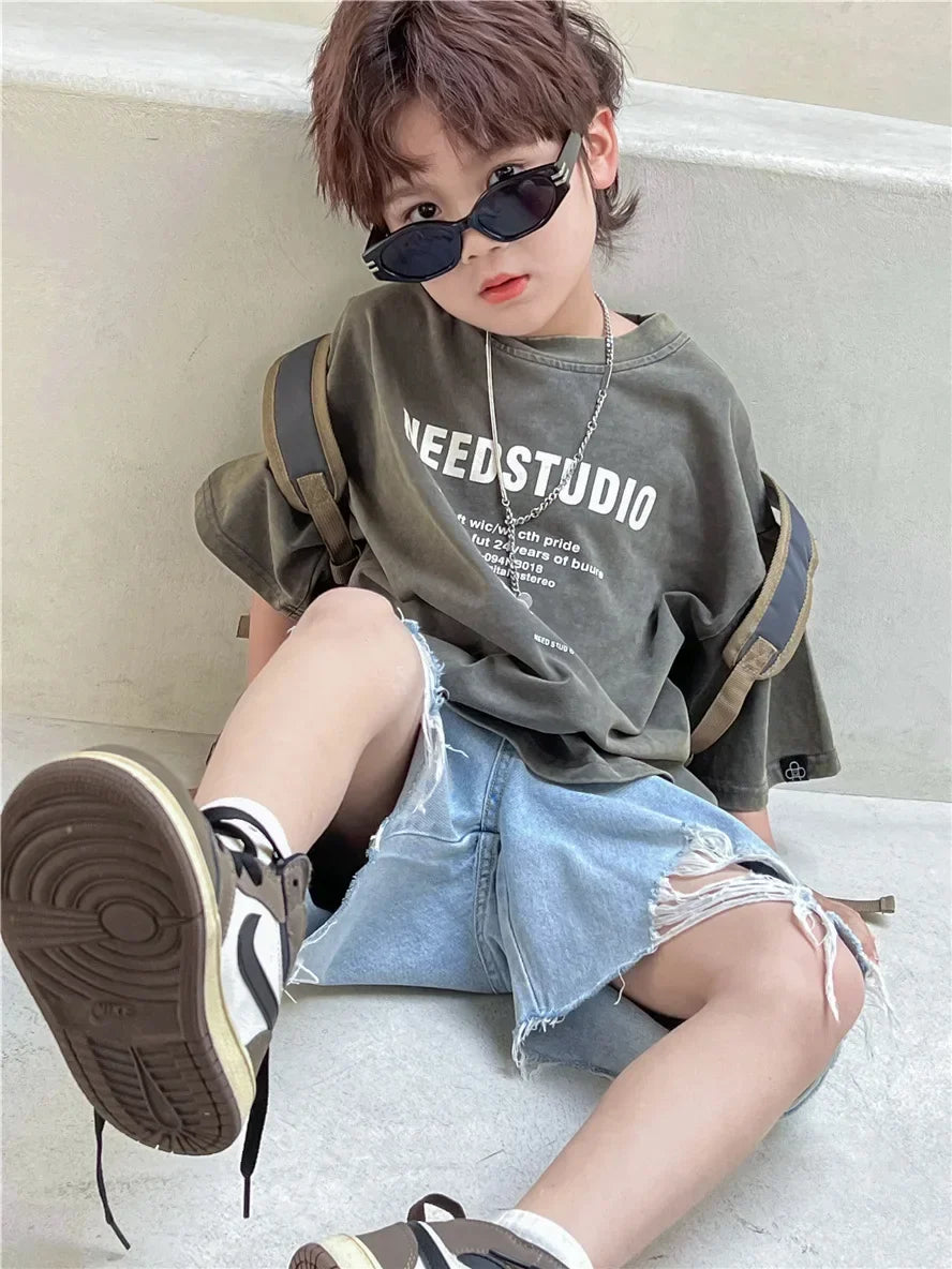 Pure Cotton Children's Short Sleeved Simple Trendy Letters Faded and Worn Half Sleeved T-shirts Boys Girls Stylish