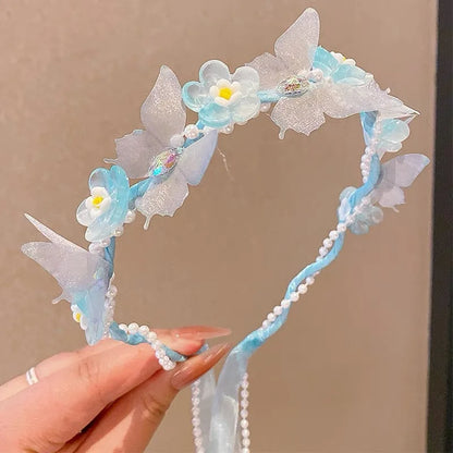 Sweet Wreath Ribbon Hair Hoops for Girl Cute Flower Butterfly Fairy Headdress Princess Braided Hair Bands