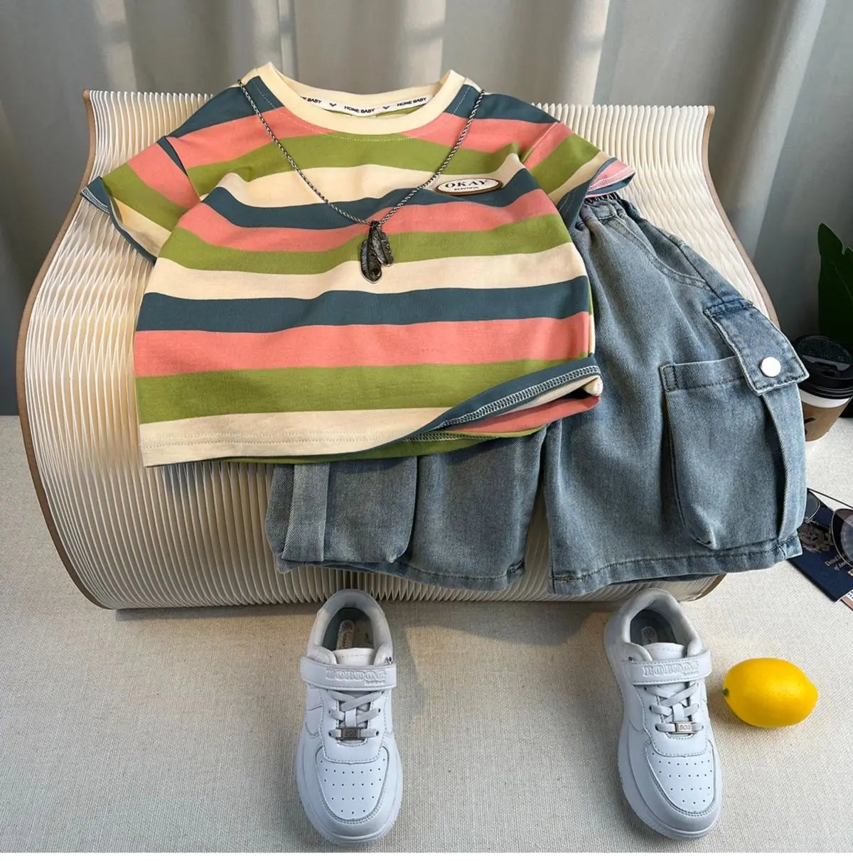 New Boys Fashion Summer Cotton Letter Printing T-shirts+Graffiti Denim Shorts 2pcs Set Kids Korean Outfits Sets Children Clothes