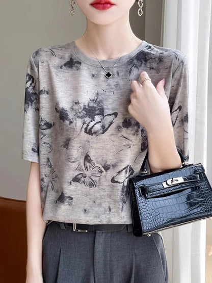 Retro Tie Dye Print Silk Wool ort Sve T irt Women Summer Loose Slimming Thin  Silk f Sve Top