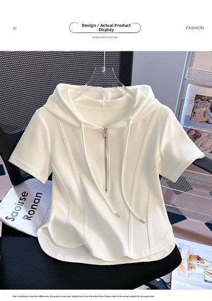 Summer New Women's Zipper Hoodie ort Sve T-irt Pure Cotton Slim Fit ort Fibone Top Korean Sle Commute Faion