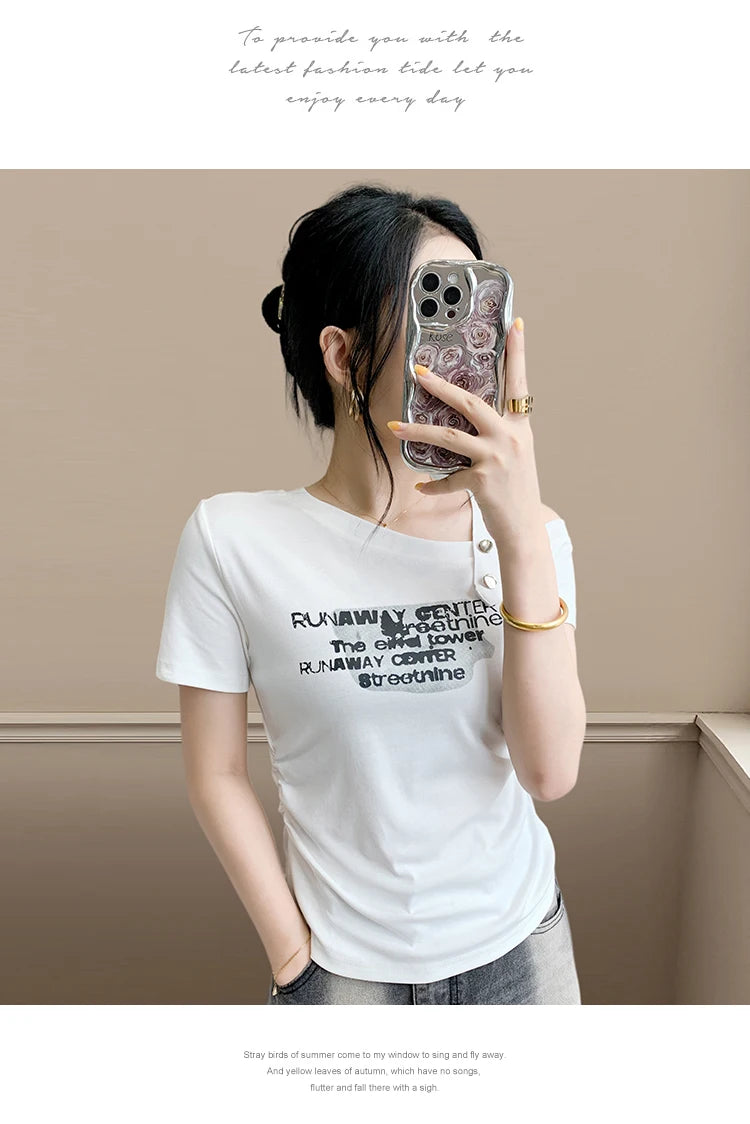 Sexy oulder Bared T irt Women's ort Sve Asymmetrical Collar Faionable Slimming Top Korean Sle Cotton Blend Summe...