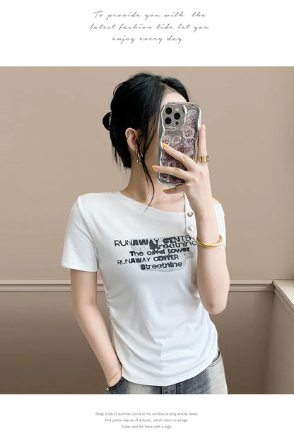 Sexy oulder Bared T irt Women's ort Sve Asymmetrical Collar Faionable Slimming Top Korean Sle Cotton Blend Summe...