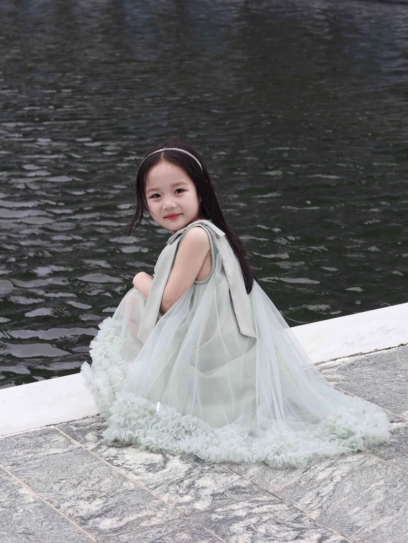 Korean Girls Party Dresses Edition Girls Sleeveless Bow Solid Color Sweet and Gentle Princess Dress Childrens New  Trend