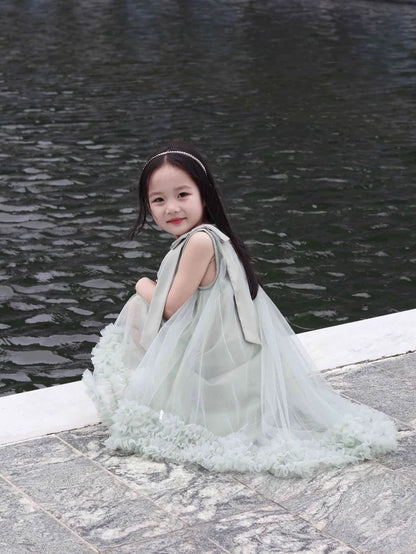 Korean Girls Party Dresses Edition Girls Sleeveless Bow Solid Color Sweet and Gentle Princess Dress Childrens New  Trend