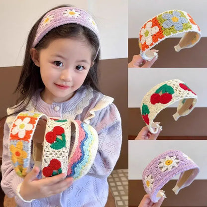 Sweet Embroidery Flower Kids Hair Hoops Colorful Knit Woolen Autumn Winter Wide Hairband for Girl Headwear