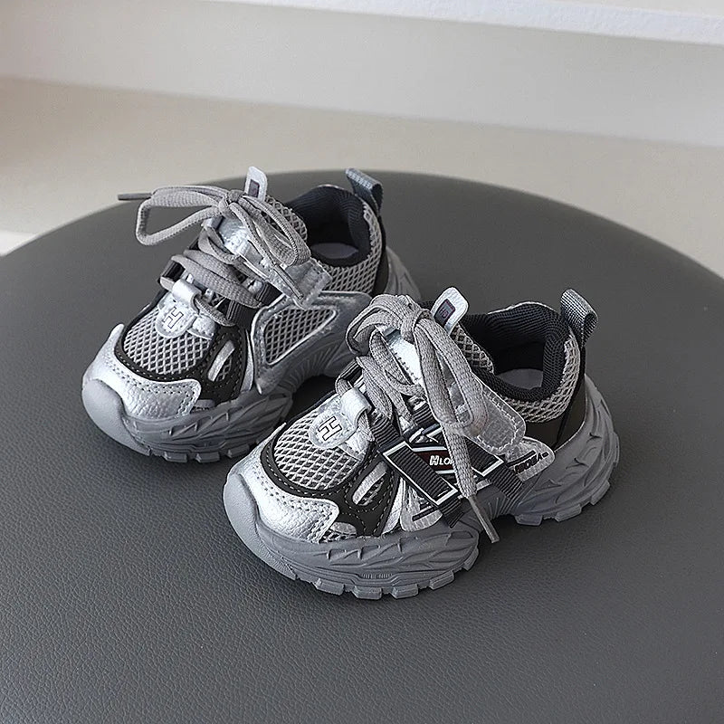 Children Sport Shoes Spring Autumn Kids Sneakers Soft Breathable Mesh Shoes Boys Girls Lace-up Running Shoes Gray, Black