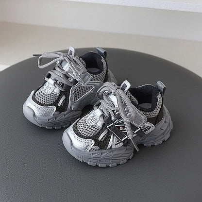 Children Sport Shoes Spring Autumn Kids Sneakers Soft Breathable Mesh Shoes Boys Girls Lace-up Running Shoes Gray, Black