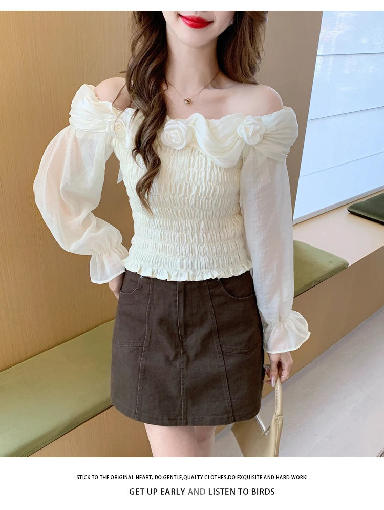 Sweet oulder One-oulder 3D Flower Bell Sve Women's irt Spring New Sle Waist Cinching Beautiful Top Ci Walk ort...