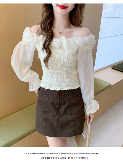 Sweet oulder One-oulder 3D Flower Bell Sve Women's irt Spring New Sle Waist Cinching Beautiful Top Ci Walk ort...