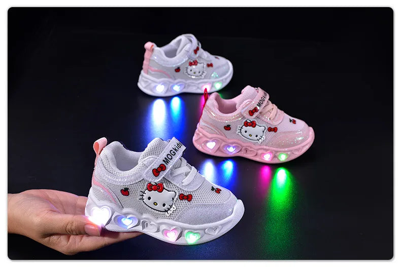 Sanrio LED Kids Shoes for Girls Cute Cartoon Hello Kitty Shoes Summer Girl Kawaii Shoes Soft Bottom Sneakers Casual Shoes