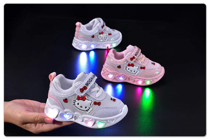 Sanrio LED Kids Shoes for Girls Cute Cartoon Hello Kitty Shoes Summer Girl Kawaii Shoes Soft Bottom Sneakers Casual Shoes