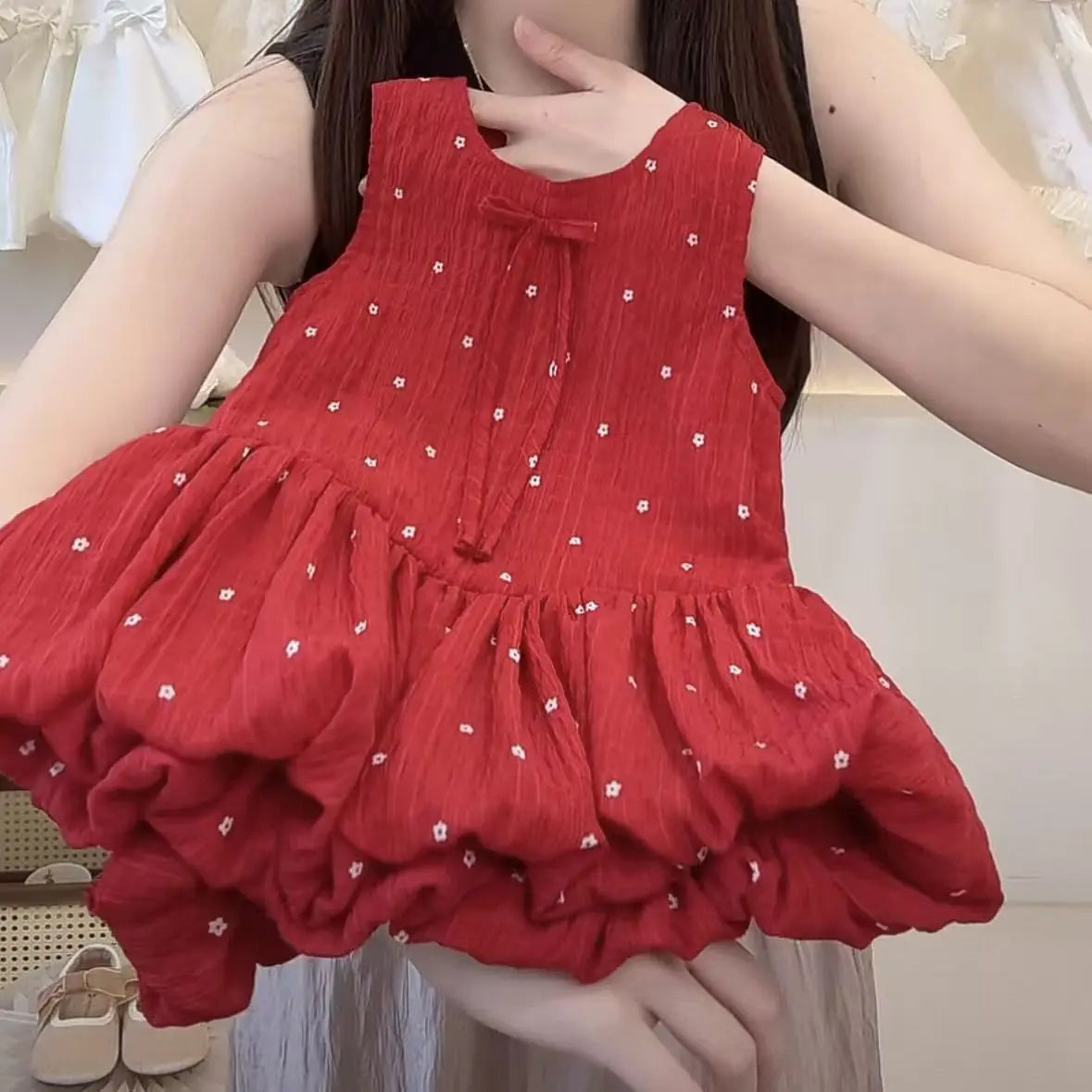 Girls Summer Dresses New Fashionable Casual Daily Sleeveless Floral Print Lightweight Red Bud Dress with Hair Band
